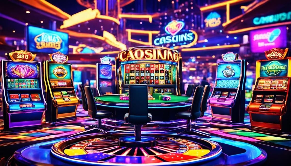 Smartphone displaying various casino games and betting options with evening ambiance